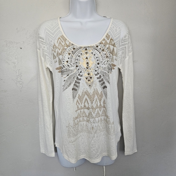Miss Me NWOT Women's Small White Long Sleeve Shirt Blouse Embellished Boho Top - Picture 1 of 9